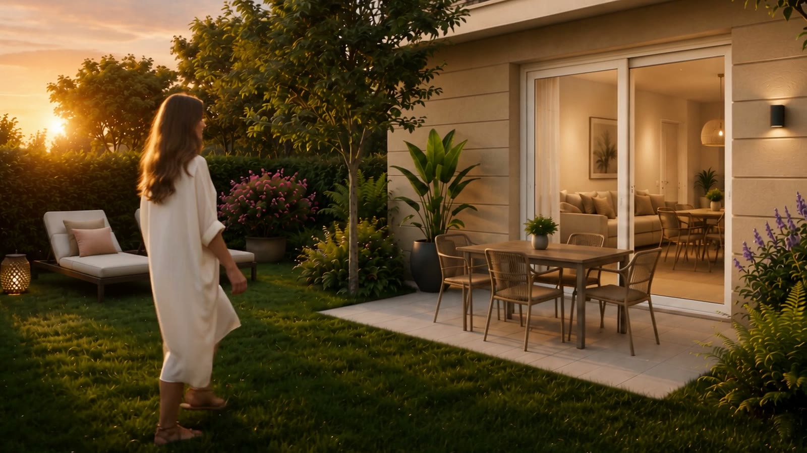 Jardin privatif au coucher du soleil, pelouse, bains de soleil et table de terrasse