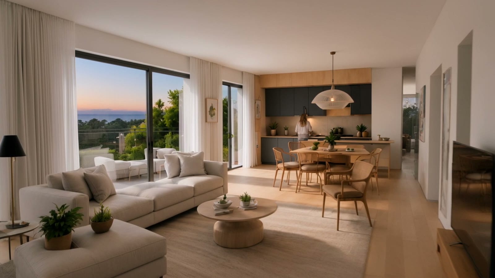 Séjour lumineux ouvert par une grande baie vitrée sur la terrasse et la mer au crépuscule